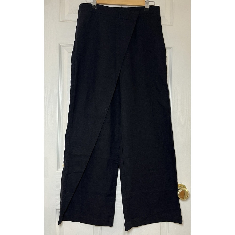 ZARA Wrap Front Wide Leg Lagenlook Pants Womens M Medium Black Linen Blend Chic - Picture 2 of 12